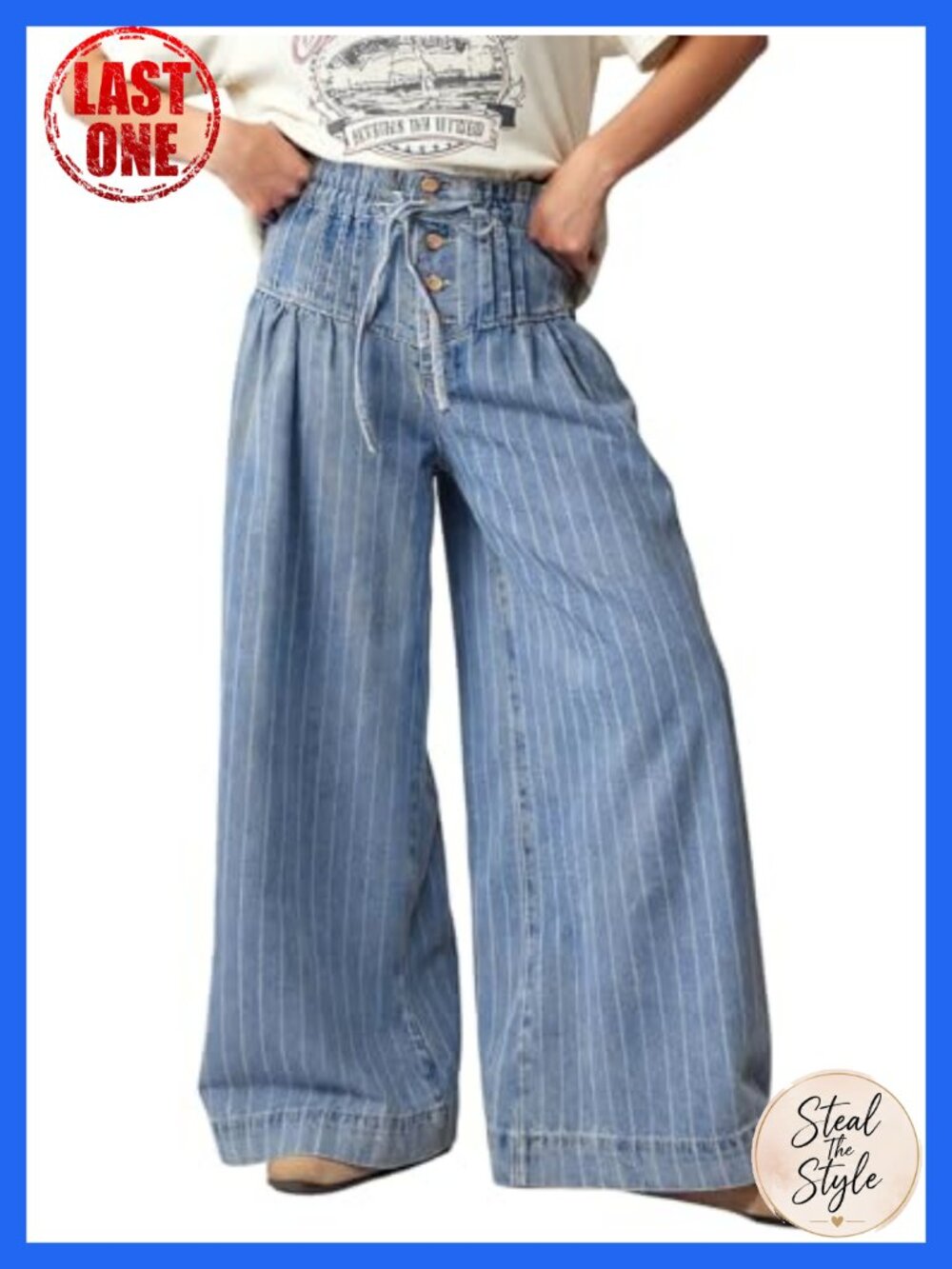 Women's Baggy Wide Leg Denim Jeans Drawstring Mid Waist Flare Pleated Button